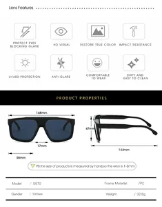 Detailed technical size chart for futuristic square sunglasses showing frame dimensions