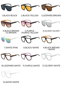 Grid layout showing thirteen stylish oversized square sunglasses in various color combinations