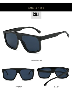Three-view detail of futuristic flat top sunglasses with thick frames and blue lenses