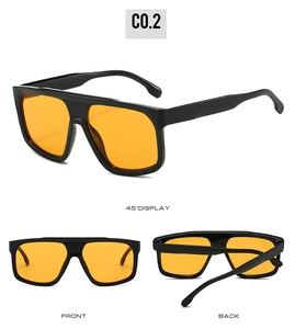 Futuristic flat top sunglasses with black frames and orange lenses shown in three views