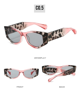 Vues détaillées de lunettes de soleil œil-de-chat polygonales à motif léopard rose dégradé