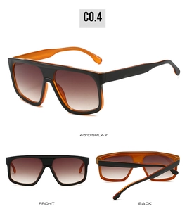 Three-angle view of futuristic flat-top sunglasses in black and translucent orange C0.4