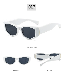 Trois vues de lunettes de soleil hexagonales blanches avec monture épaisse et verres gris