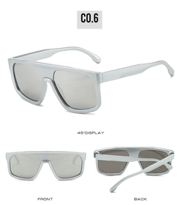 Detailed views of silver futuristic flat top sunglasses with grey lenses from three angles