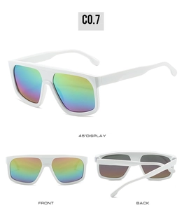 Detailed views of chunky white square sunglasses with multi-color gradient lenses