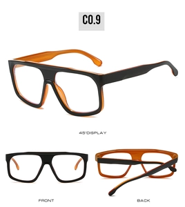 Three-angle display of square black frames with orange lining and fixed nose pads