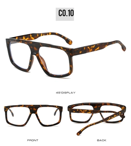 Three-view display of tortoise shell square futuristic sunglasses with a flat top design