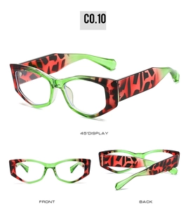 Vues détaillées des lunettes de soleil œil-de-chat en motif léopard rouge et vert