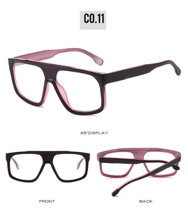 Three-way view of futuristic square glasses with black and transparent purple dual-tone frame