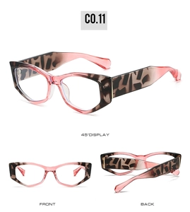 Affichage en trois vues de lunettes œil-de-chat léopard rose avec monture épaisse