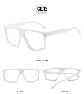 Three-view display of thick white rectangle sunglasses frames from front, back and side