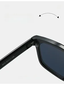Detail of durable metal hinge on black futuristic sunglasses with size specs 62-17-146