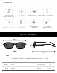 Detailed size chart for black rectangular sunglasses including frame width and arm length