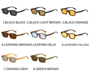 Collection of vintage square sunglasses in various colors with metal rivet accents