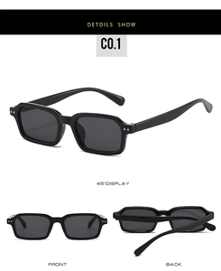 Classic black rectangular sunglasses showing front, back, and 45-degree side view details