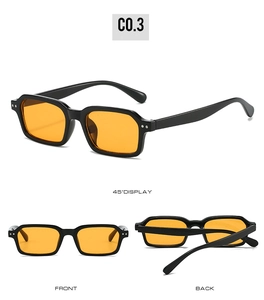 Multiple views of vintage black square sunglasses with orange lenses and silver rivets