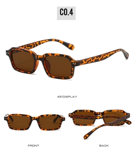 Three-way view of tortoiseshell square sunglasses including front and side display