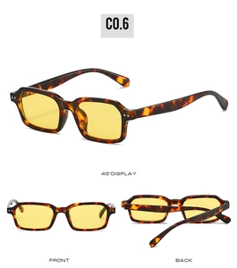 Detailed view of tortoiseshell rectangle sunglasses with yellow lenses from multiple angles