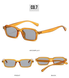Detail view of square frame sunglasses in translucent orange with gray polarized lenses