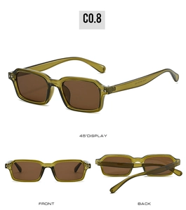 Three-view detail of olive green square sunglasses with dark brown lenses on white background