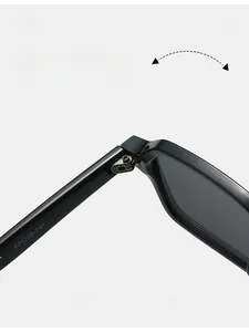Detailed macro view of durable metal hinges and frame specs on black square sunglasses