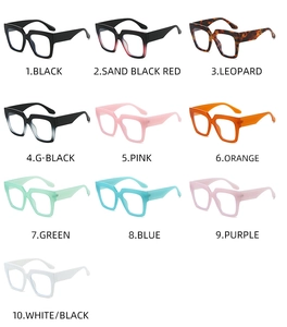Collection of ten stylish oversized square blue light glasses in various vibrant colors