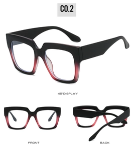 Three-angle view of black and red gradient square blue light blocking glasses frame