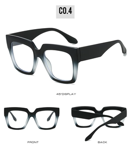 Front and back views of square blue light blocking glasses with blue gradient frames