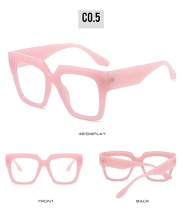 Three-view display of pink square frame blue light blocking glasses with thick temples