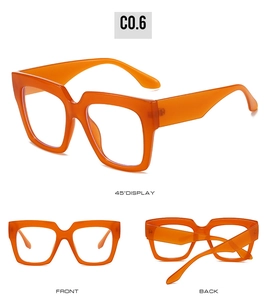 Multi-angle views of large square bright orange blue light blocking glasses with shiny finish