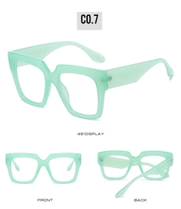 Detailed views of mint green oversized square blue light blocking glasses frames
