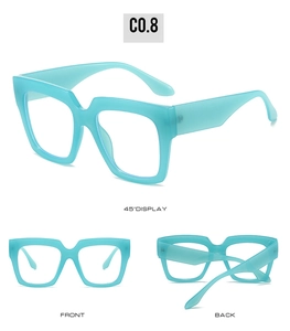 Detailed views of light blue transparent square frame glasses showing front and back angles