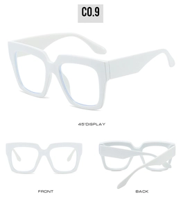 Detailed multi-angle view of white square frame anti-blue light glasses from front and back
