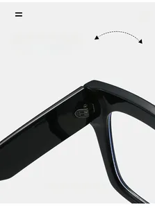 Detail shot of a durable metal hinge on stylish oversized black square eyeglasses