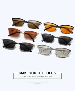 Flat lay view of metal cat-eye sunglasses in six various lens colors and frame finishes