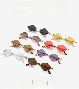 Matrix display of diamond-shaped metal half-frame sunglasses in eight vibrant colors