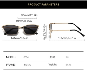 Detailed size parameters for cat-eye metal sunglasses showing frame and lens dimensions
