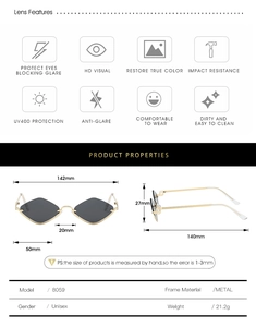 Detailed size chart of geometric metal sunglasses with UV400 and lens specifications
