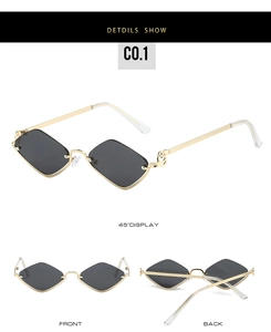 Macro detail of diamond-shaped lenses and thin gold metal frame of modern sunglasses