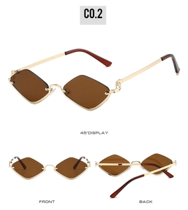 Three-angle view of diamond-shaped sunglasses with brown lenses and golden metal half-frames