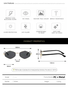 Diagramme technique montrant la protection UV400 et les dimensions de ces lunettes de soleil