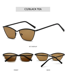 Three perspectives of cat-eye metal sunglasses in black tea lenses with thin frames