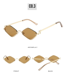 Three views of geometric diamond sunglasses with gold metal frames and brown lenses