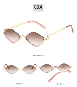 Detail view of rhombic semi-rimless sunglasses with gradient lenses and gold metal frames