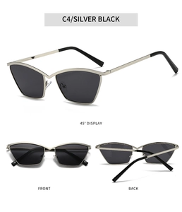 Three-angle view of silver metal cat-eye sunglasses with dark grey lenses and geometric frames