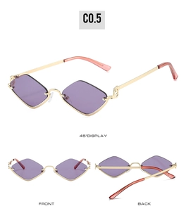 Three-view display of metal semi-rimless diamond sunglasses with purple lenses and gold frame