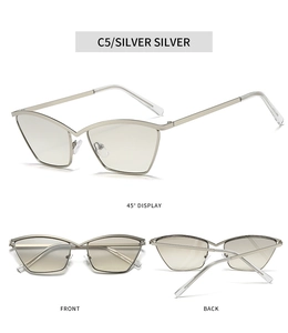Detailed views of silver metal cat eye frames from front, back, and 45-degree angles