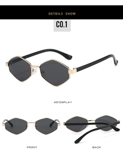 Lunettes de soleil hexagonales en métal doré avec branches noires, trois vues de détail