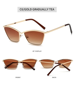 Metal cat-eye sunglasses with gold frames and gradient tea lenses from three angles