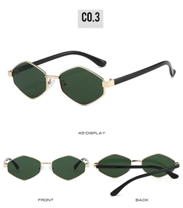 Vues détaillées de lunettes de soleil hexagonales dorées avec verres verts et branches